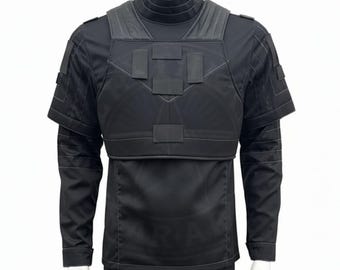 Op maat gemaakt 3-delig zwart pilotenpak met vlokvest | Op Star Wars geïnspireerd Bounty Hunter-cosplaykostuum