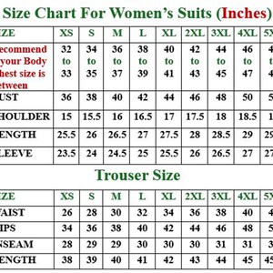 Op de afbeelding: Maattabel voor damespakken, metingen in inches. De tabel toont borst-, schouder-, lengte- en mouwmaten, evenals taille-, heup-, binnenbeen- en broeklengte. Maten vari&euml;ren van XS tot 5XL.
