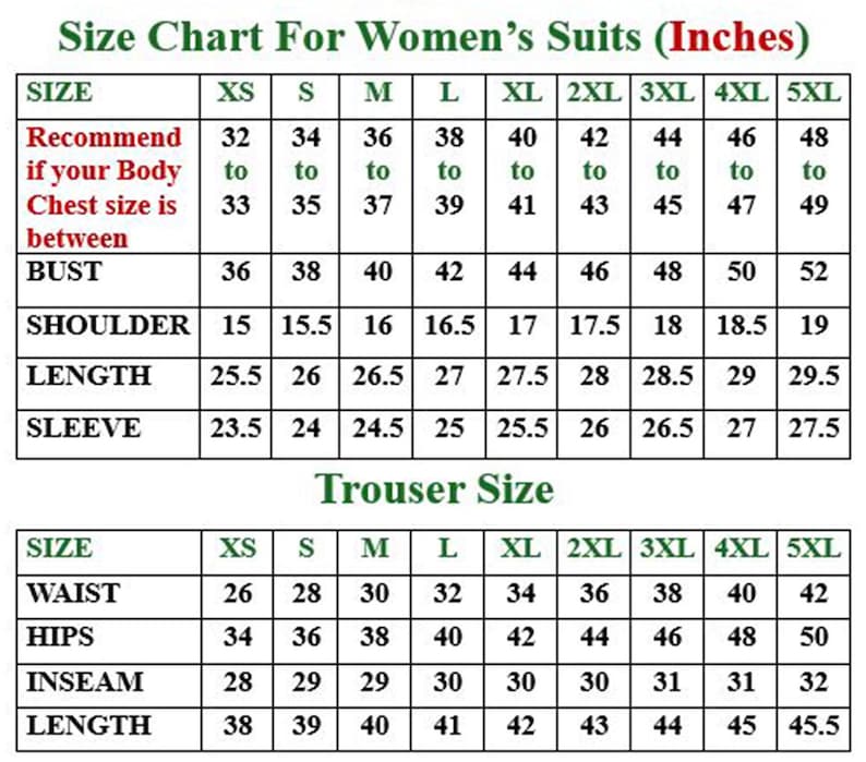 Op de afbeelding: Maattabel voor damespakken, metingen in inches. De tabel toont borst-, schouder-, lengte- en mouwmaten, evenals taille-, heup-, binnenbeen- en broeklengte. Maten vari&euml;ren van XS tot 5XL.