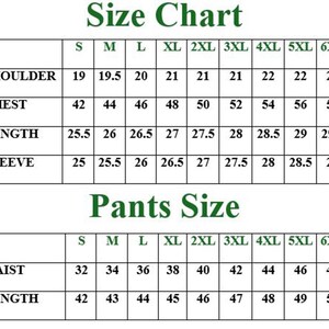 May include: A size chart for clothing, with measurements for shoulder, chest, length, and sleeve, as well as waist and length for pants. Sizes range from S to 6XL. The text "Size Chart" and "Pants Size" are at the top.