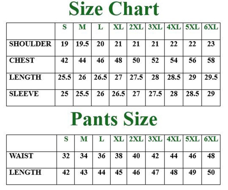 May include: A size chart for clothing, with measurements for shoulder, chest, length, and sleeve, as well as waist and length for pants. Sizes range from S to 6XL. The text "Size Chart" and "Pants Size" are at the top.