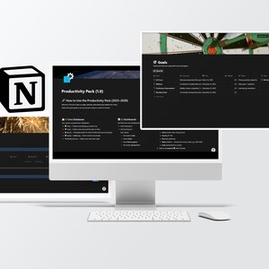 Könnte beinhalten: Ein Computermonitor zeigt eine Notion-Produktivitätspaket-Oberfläche mit dunklem Thema. Der Bildschirm zeigt ein Dashboard mit Zielen und anderen Organisationstools. Eine Tastatur und eine Maus befinden sich vor dem Monitor. Das Notion-Logo befindet sich in der oberen linken Ecke.
