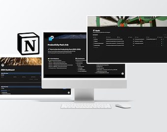 May include: A computer monitor displays a Notion productivity pack interface with a dark theme. The screen shows a dashboard with goals and other organizational tools. A keyboard and mouse are in front of the monitor. The Notion logo is in the upper left corner.