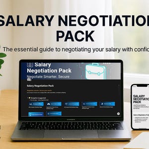 Op de afbeelding: Een laptop en smartphone tonen de "Salary Negotiation Pack" gids. Het laptopscherm toont de interface van de gids, terwijl de telefoon een vereenvoudigde versie weergeeft. De afbeelding bevat een koffiekopje, planten en het "Digital Focus Studio" logo.