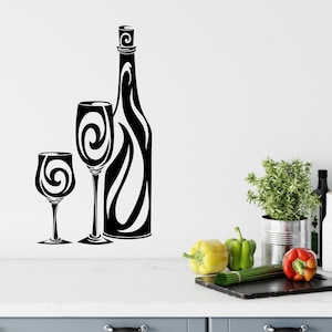 Wine Bottle Wall Decal, Wine Glasses Wall Decor, Swirl Vinyl Sticker, Kitchen Wine Wall Art, Home Vinyl Wall Stickers, Wine Decorations