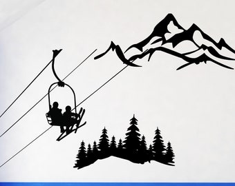 Ski Lift Wall Decal, Gifts for Skiers, Mountain Artwork, Pine Trees Vinyl Sticker, Lodge Decoration, Cabin Birthday Party Art, Winter Home