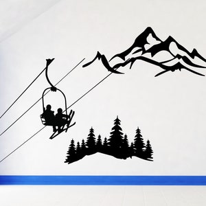 Ski Lift Wall Decal, Gifts for Skiers, Mountain Artwork, Pine Trees Vinyl Sticker, Lodge Decoration, Cabin Birthday Party Art, Winter Home
