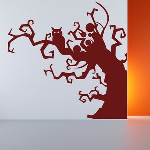 Spooky Tree Wall Decal, Halloween Tree Sticker with Owl and Bats, Haunted Forest Wall Art, Gothic Vinyl Tree Decor, Creepy Tree Decal