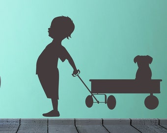 Red Wagon Decor, Puppy Decal, Dog Wall Art, Toddler Silhouette Wall Art, Kids Room Vinyl Sticker, Child Silhouette, Red Wagon Sticker