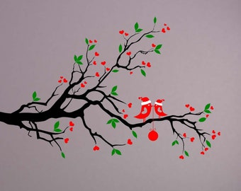 Christmas Decor, Unique Holiday Wall Decal, Branches, Santa Decoration, Bird Artwork, Heart Wall Art, Home Decor, Holiday Designs
