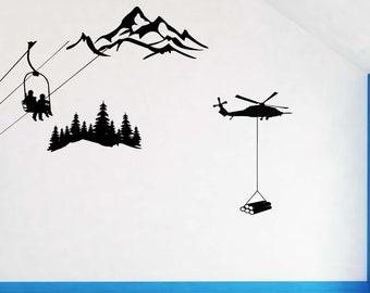 Mountain Scene Wall Art, Helicopter Decal, Gonola Ski Lift Decoration, Pine Trees Vinyl Sticker, Lodge Decoration, Cabin Wall Design