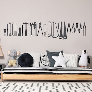 Tool Silhouette Wall Decal, Toolbox Stickers, Kid&#39;s Room Garage, Mechanic Workshop Sticker, Handyman Design, Builder Gifts, Man Cave Decor
