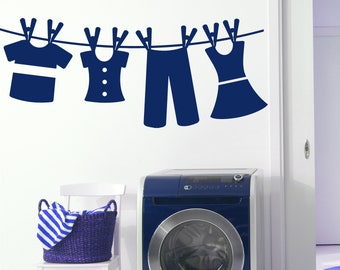 Laundry Room Decor, Clothesline Wall Art, Home Wall Decor, Clothespin Decal, Housewarming Gift, Laundromat Vinyl Sticker