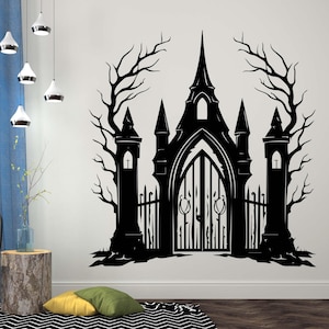 Gothic Castle Wall Art, Haunted Mansion Decal, Spooky Halloween Background, Cemetery Gate Decoration, Spooky Wall Decor