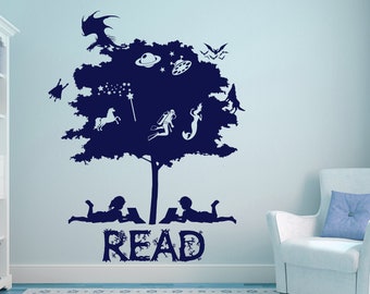 Reading Tree, Reading Wall Decal, Read More Books, Library Wall Vinyl, Read A Book, Imagination Decal, Reading on a Tree, Reading Dragon