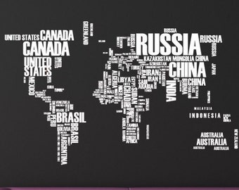 Map of the World, World Map Wall Art, Geography Decal, School Decor, Word Cloud Artwork, Typography Artwork, Home Decorations