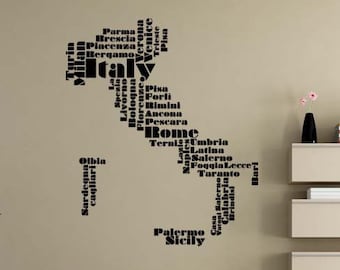 Italian Decor, Italy Wall Art, Italian Artwork, Map of Italy, Word Cloud Decal, Florence Italy, Home Art, Office Design, Map of the World