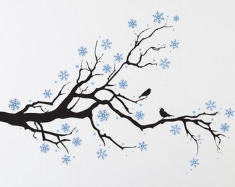 Branch Wall Decal, Snowflake Decor, Birds Wall art, Winter Artwork, Branches Design, Bird Decor, Wall Art, Home Decor