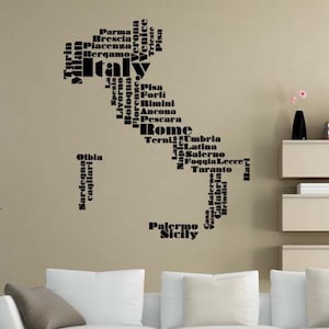 Italienisches Dekor, Italien Wandkunst, Italienisches Kunstwerk, Karte von Italien, Wort Wolke Aufkleber, Florenz Italien, Hauskunst, Büro Design, Weltkarte