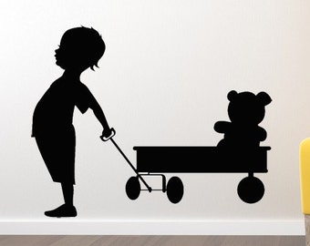 Teddy Bear Baby Shower, Toddler Silhouette, Red Wagon Wall Decal, Toddler Boy Wall Art, Nursery Decorations, Home Wall Decor