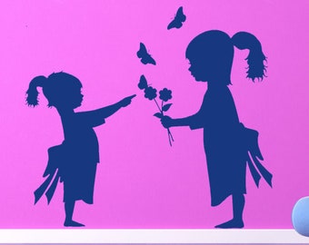 Toddler Silhouette, Daughter Gift, Butterfly Decoration, Teacher Wall Decal, Siblings, Girl Decor, Flower Artwork, Nursery, Toddler Design