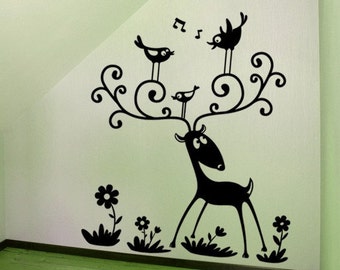 Deer Nursery Decor, Song Birds Decal, Woodland Creatures, Deer Wall Art, Flower Gift, Daisy Decoration, Music Note, Daycare Playroom Art