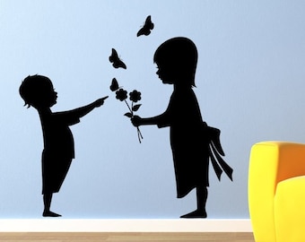 Toddler Silhouette, Baby Shower Gift, Butterfly Decoration, Teacher Wall Decal, Siblings, Home Decor, Flower Artwork, Nursery Design