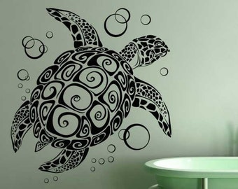 Turtle Wall Decal, Tortoise Decor, Sea Bubbles, Tribal Hawaiian Decoration, Nautical Design, Creature Art, Ocean Artwork, Coastal Home Gifts