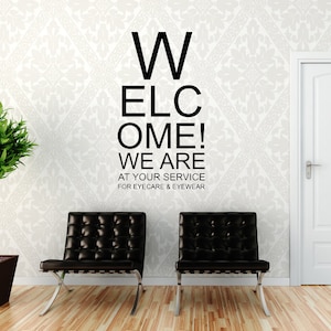 Tabla optométrica, letrero de bienvenida, regalos para optometristas, optometría, gafas, lentes de contacto, calcomanías de pared, pegatinas, vinilos, arte para el hogar, decoración de oficina, tabla de Snellen