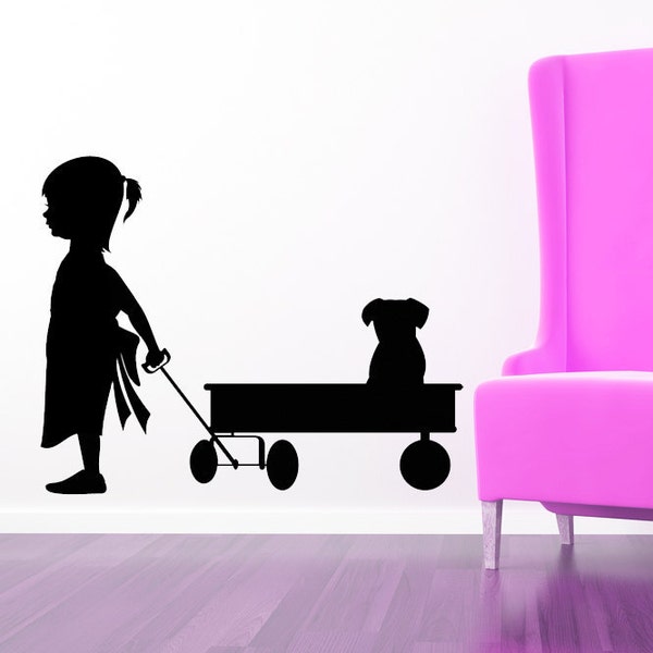 Red Wagon Wall Decal, Puppy Dog Decor, Toddler Art, Girl Silhouette, Kids Room Vinyl Sticker, Home Design, Daycare Playroom, Nursery Artwork