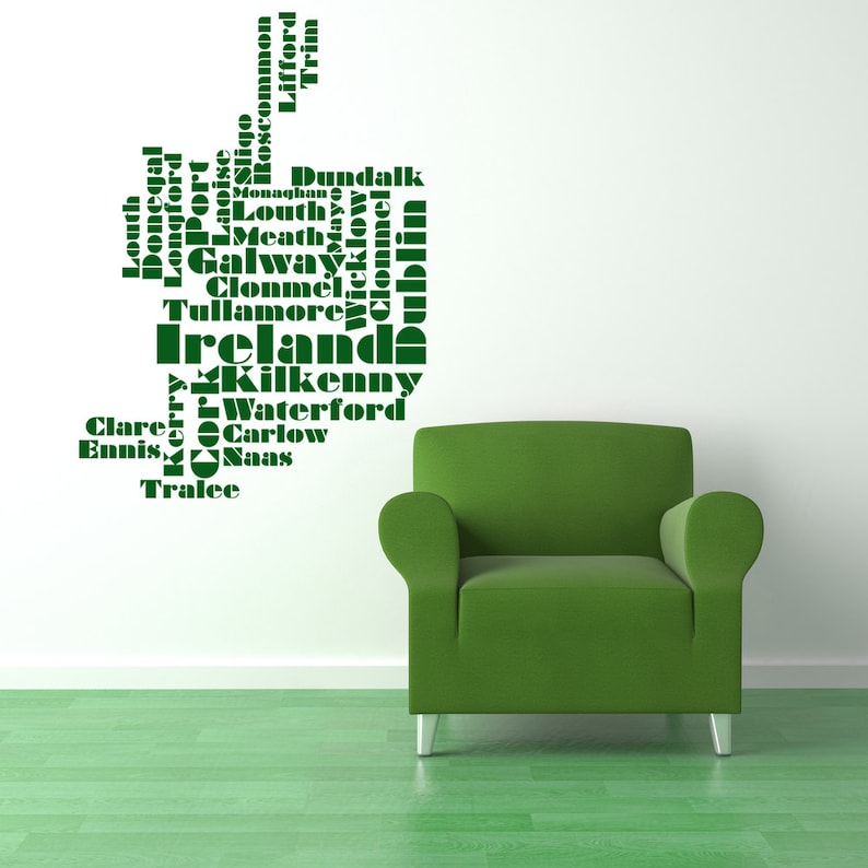 Ireland Map Wall Decal Wall Decor Sticker Dorm Decor Irish Decor St Patricks Day Decorations Word Cloud of Ireland Office Home