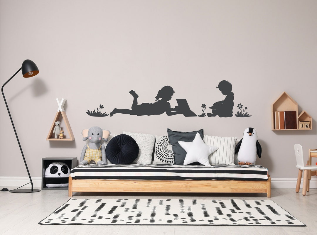 Reading Kids Wall Decal, Children Reading in Grass, Book Lover