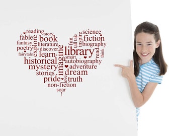 Word Cloud Heart, Read Sign, Reading Wall Decal, Book Design, Library Decoration, School Teacher Gifts, Librarian, Novel Vinyl Decal, Art