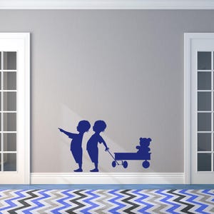 双子の壁飾り、双子の壁デカール、ワゴンアート、幼児のシルエット、テディベアの壁アート、子供部屋の装飾