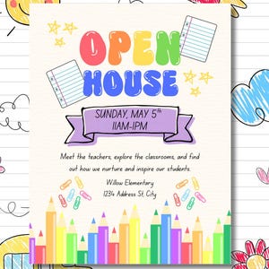 Peut inclure: Un dépliant pour une journée portes ouvertes à Willow Elementary, le dimanche 5 mai de 11h à 13h au 1234 Address St, City. Le design présente du texte en bulles colorées, des crayons, des trombones, des étoiles et du papier ligné.