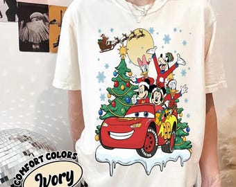 Retro Lightning McQueen with Mickey and Friends Christmas Shirt, Disney Christmas Shirt, Disney Pixar Christmas Shirt, Family Xmas Gift