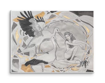 May include: A framed artwork featuring a watercolor and ink illustration. The artwork depicts a nude figure surrounded by storks, with gold leaf accents and abstract shapes. The piece is signed and dated.