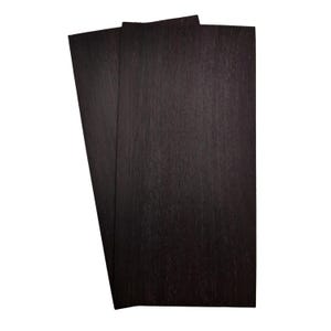 May include: Two rectangular sheets of dark brown wood veneer with a visible vertical grain pattern. The sheets are layered slightly offset, showcasing the deep, uniform colour and the natural texture of the wood surface against a plain background.