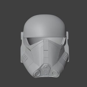 May include: A gray, futuristic helmet with a rounded top and angular features. The helmet has a visor opening, a detailed faceplate with vents, and circular elements on the lower front. The design suggests a science fiction or cosplay theme.