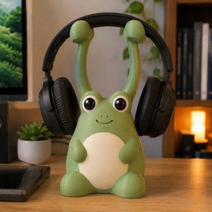 May include: A light green frog-shaped headphone stand with a cream-colored belly and two tall stalks on top. The stand features large black and white eyes and a small smiling mouth. A pair of black over-ear headphones rests on the two stalks.