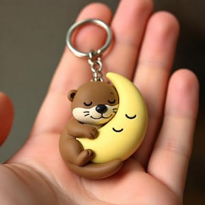 Sleepy Moon Otter Keychain, Hand-Painted 3D Printed Celestial Animal Charm, Whimsical Night Sky Accessory