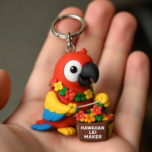 Hawaiian Lei Parrot Keychain, Tropical Bird 3D Printed Figurine, Hand Painted Nature Accessory
