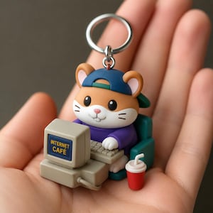 May include: A keychain featuring a cartoon hamster wearing a blue baseball cap and a purple shirt, sitting in a teal chair at a beige computer terminal with the text INTERNET CAFÉ on the screen, accompanied by a small red drink cup with a white straw.
