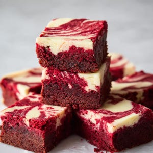 May include: A stack of red velvet brownies with a cream cheese swirl. The brownies are square-shaped and have a rich, dark red color with a creamy white topping. The image shows a close-up of the baked goods.