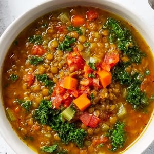 Può includere: Primo piano di una ciotola piena di zuppa di lenticchie. La zuppa ha un brodo dorato, con lenticchie, pomodori a cubetti e carote arancioni. Il cavolo nero verde scuro aggiunge consistenza e colore. La ciotola bianca contrasta con i toni caldi della zuppa.