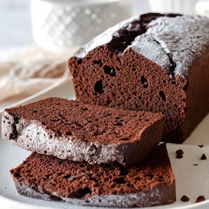 Può includere: Una torta al cioccolato a fette spolverata di zucchero a velo, presentata su un piatto bianco. La torta è di un ricco colore marrone scuro, con una consistenza umida e alveoli visibili. Due fette sono in primo piano.