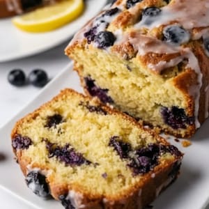 Puede incluir: Un pan de arándanos y limón en rodajas sobre un plato blanco. El pan tiene una miga de color amarillo dorado con arándanos visibles y un glaseado blanco. Una rodaja de limón es visible en el fondo, junto con algunos arándanos sueltos.