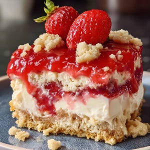 Può includere: Una fetta di dolce alle fragole con una base friabile, un ripieno cremoso e una glassa lucida alle fragole rosse. Due fragole fresche e alcune briciole sono sopra il dolce. Il dolce è su un piatto blu.