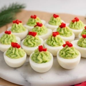 Puede incluir: Primer plano de huevos rellenos dispuestos en una fuente blanca. Cada mitad de huevo está rellena con un relleno verde y adornada con un pequeño cuadrado de pimiento rojo. Un aperitivo festivo.