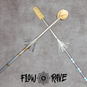 May include: Two crossed flow wands with silver metallic shafts, featuring white fringe accents near the top. One wand has a beige cylindrical head, the other a textured beige knot head. The text FLOW RAVE with a spiral icon is centred below.